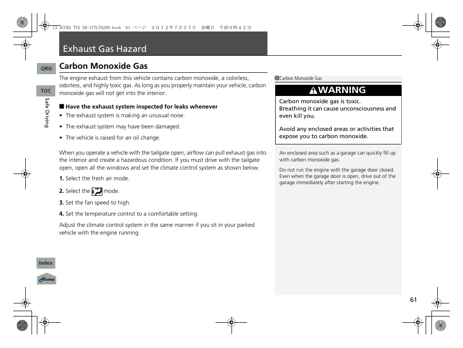 Exhaust gas hazard, Carbon monoxide gas, P. 61 | P61), Warning | Acura 2013 TSX Sport Wagon User Manual | Page 62 / 329