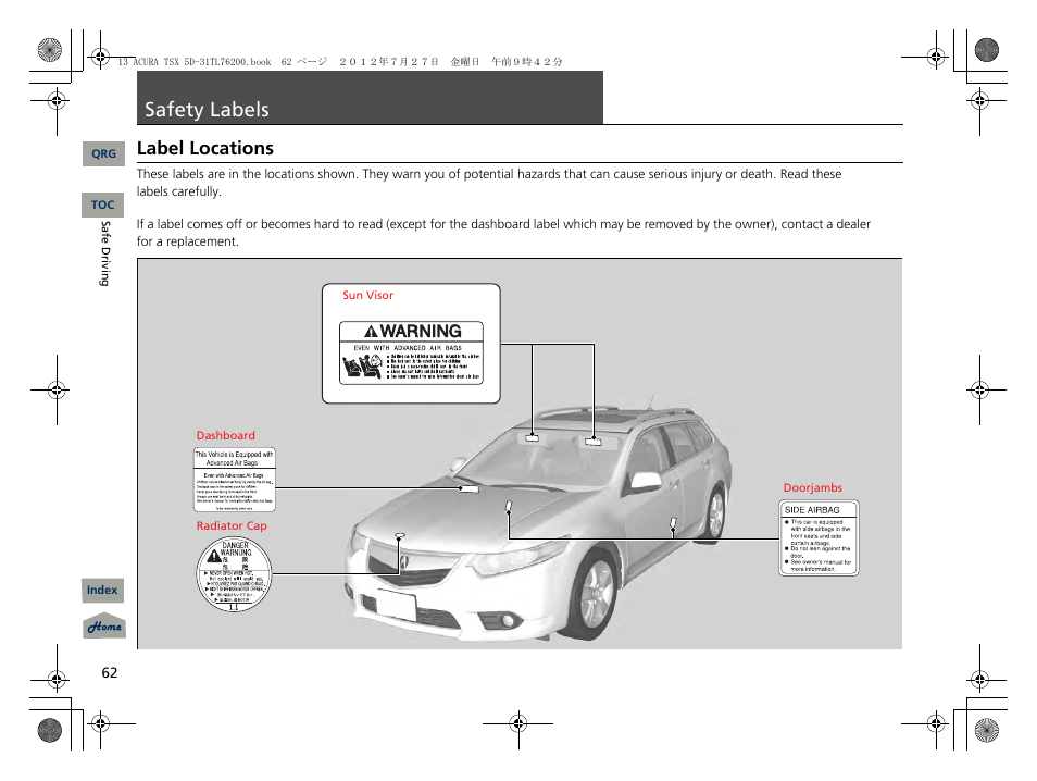 Safety labels, Label locations, P. 62 | Acura 2013 TSX Sport Wagon User Manual | Page 63 / 329