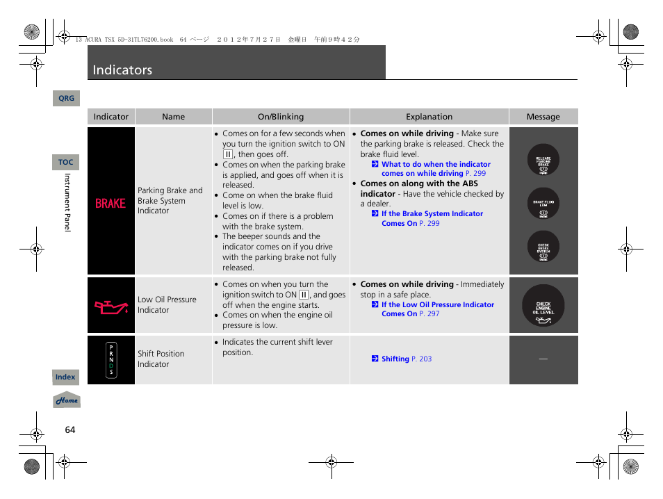Indicators, P. 64, P64) | P 64) | Acura 2013 TSX Sport Wagon User Manual | Page 65 / 329