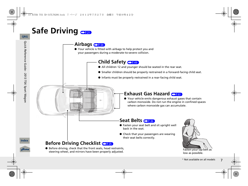 Safe driving (p21), Safe driving, Airbags | Child safety, Exhaust gas hazard, Before driving checklist, Seat belts | Acura 2013 TSX Sport Wagon User Manual | Page 8 / 329