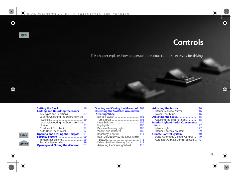 Controls, 2 controls p. 85, P. 85 | P 85) | Acura 2013 TSX Sport Wagon User Manual | Page 86 / 329