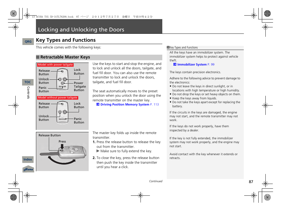 Locking and unlocking the doors, Key types and functions, P. 87 | Acura 2013 TSX Sport Wagon User Manual | Page 88 / 329