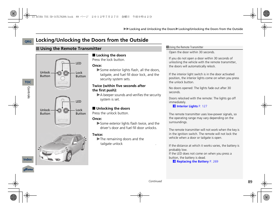 Locking/unlocking the doors from the outside, P89) | Acura 2013 TSX Sport Wagon User Manual | Page 90 / 329