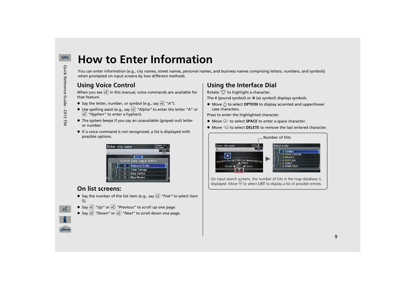 How to enter information, Using voice control, On list screens | Using the interface dial | Acura 2013 TSX Navigation User Manual | Page 10 / 252