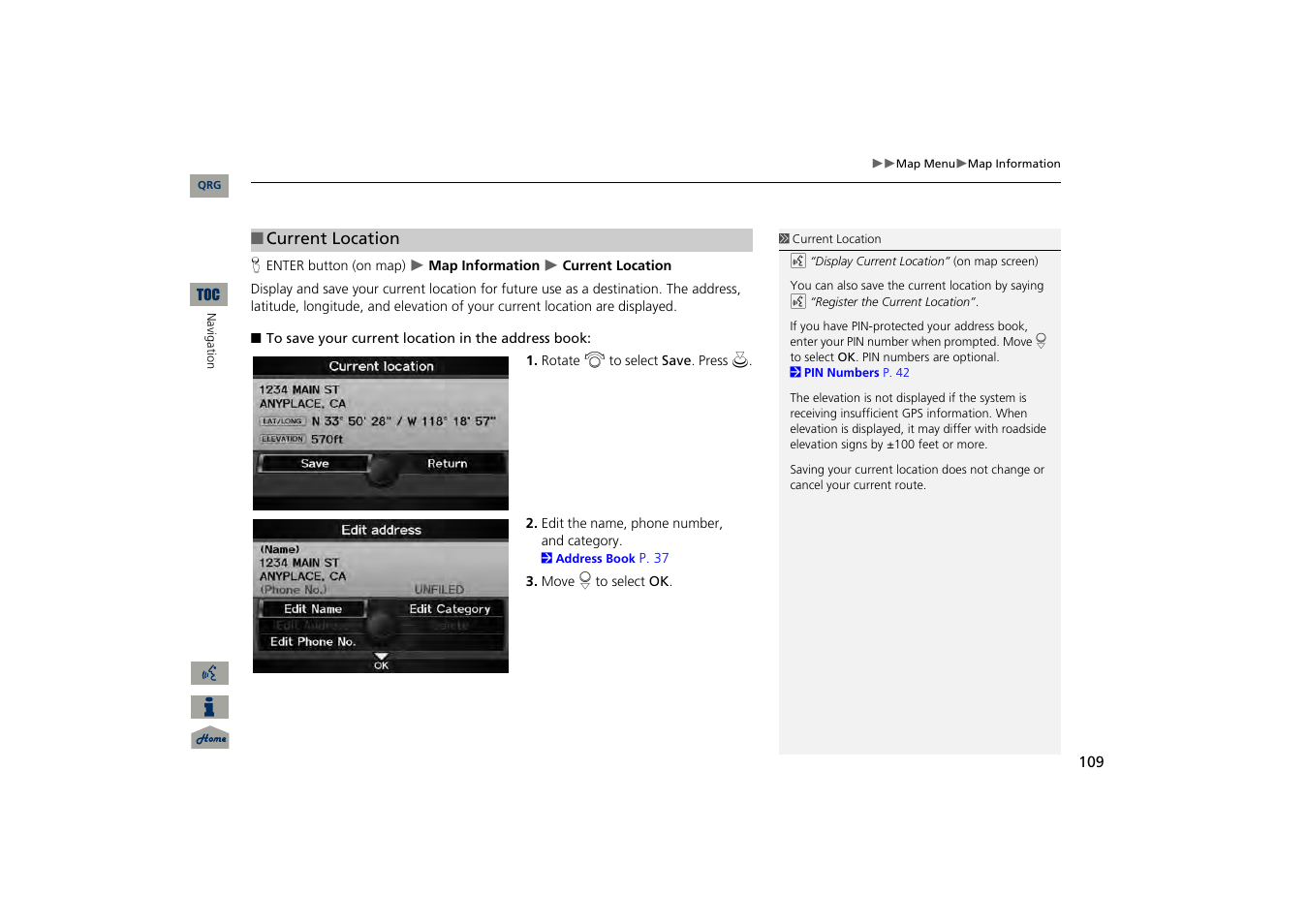 P109), 2 current location, P. 109 | Acura 2013 TSX Navigation User Manual | Page 110 / 252