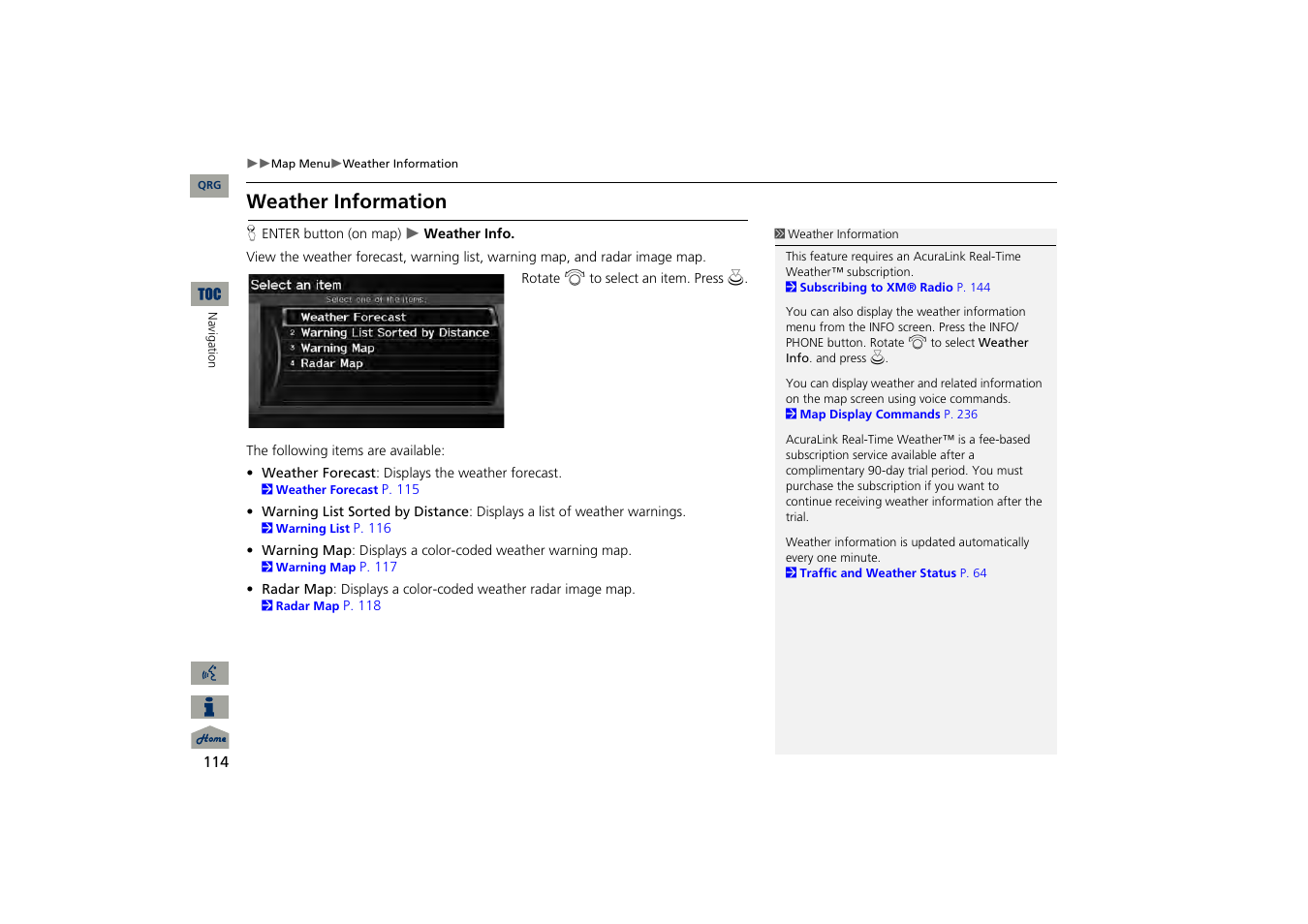 Weather information, P114), 2 weather information | P. 114 | Acura 2013 TSX Navigation User Manual | Page 115 / 252