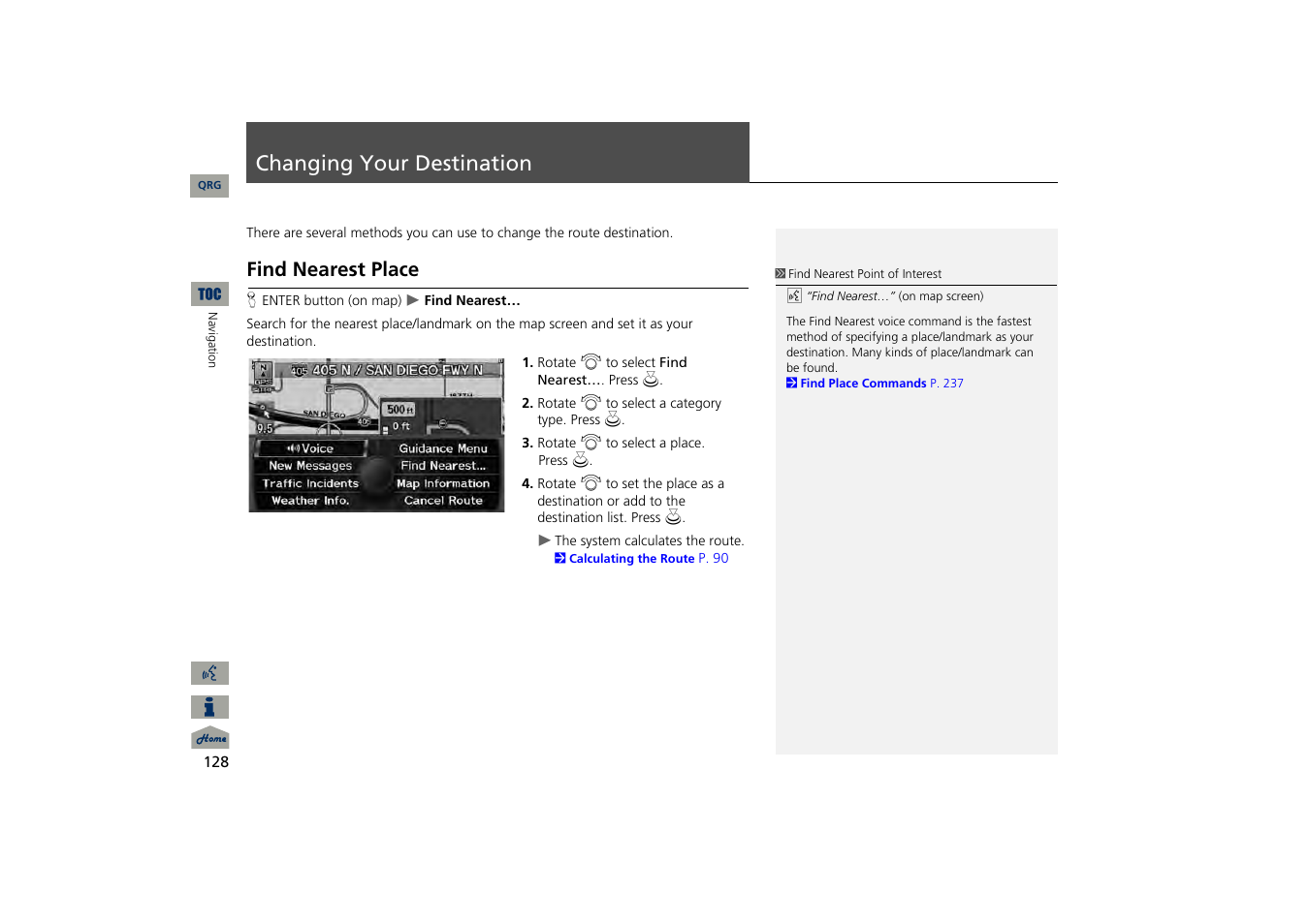 Changing your destination, Find nearest place, P128) | 2 changing your destination, P. 128 | Acura 2013 TSX Navigation User Manual | Page 129 / 252