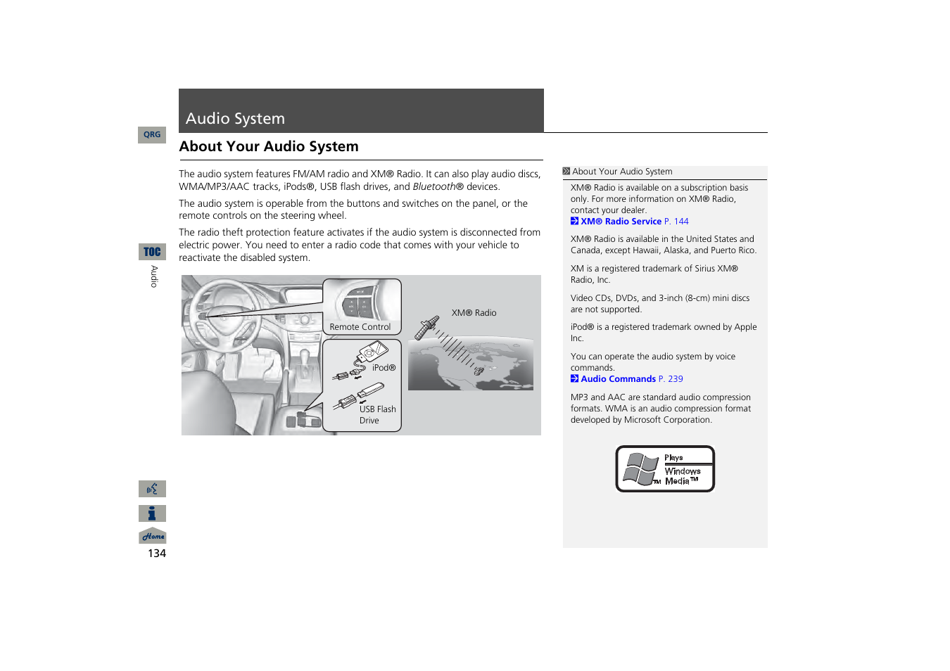 Audio system, About your audio system | Acura 2013 TSX Navigation User Manual | Page 135 / 252