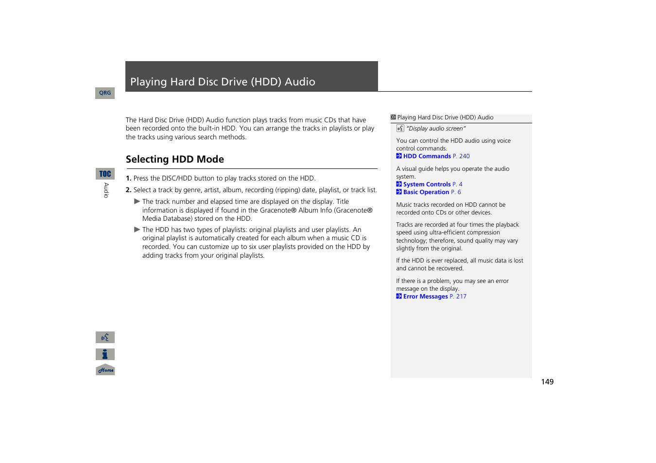 Playing hard disc drive (hdd) audio, Selecting hdd mode, P149) | Hard disk drive (hdd) | Acura 2013 TSX Navigation User Manual | Page 150 / 252