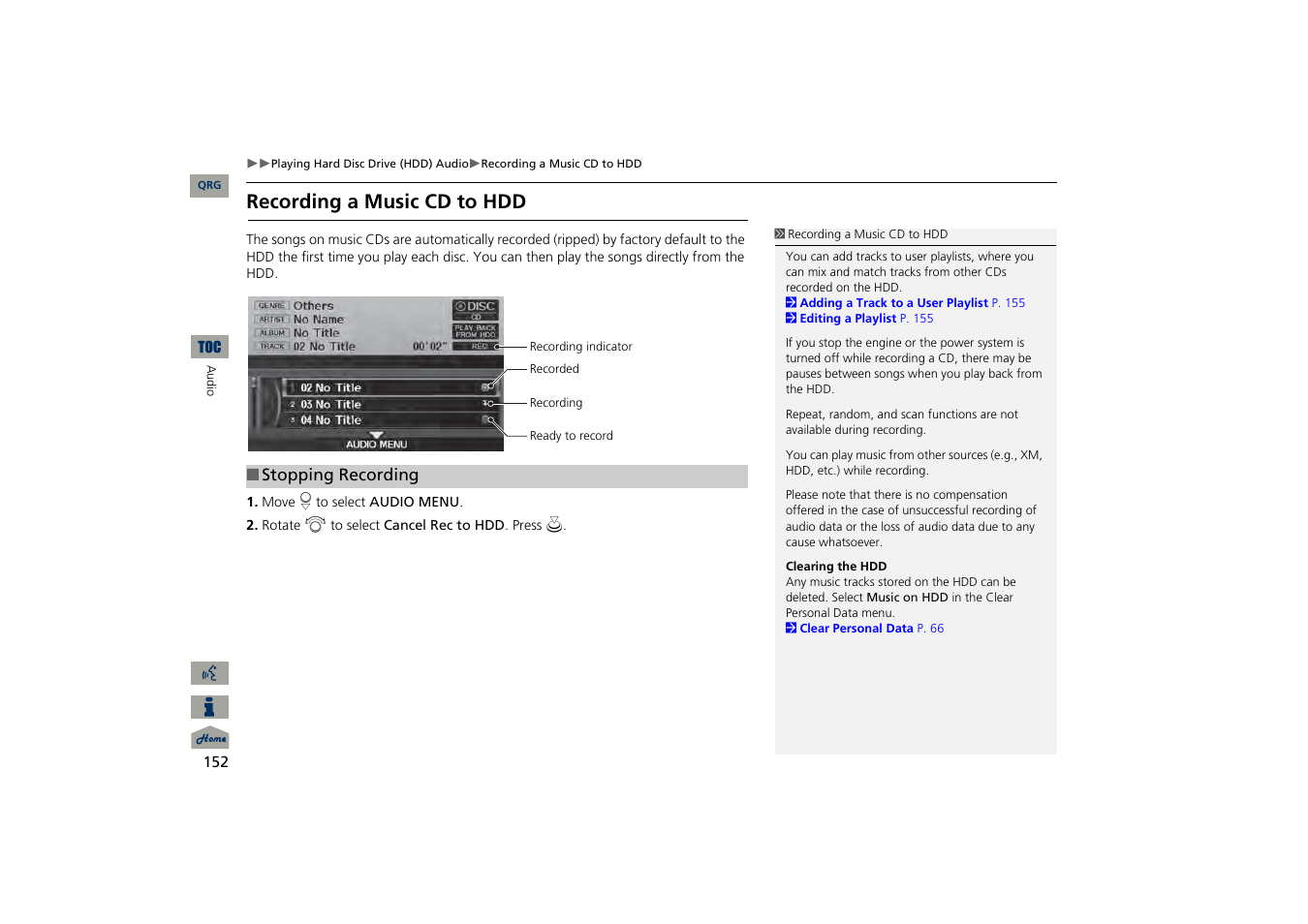 Recording a music cd to hdd, 2 recording a music cd to hdd, P. 152 | Acura 2013 TSX Navigation User Manual | Page 153 / 252