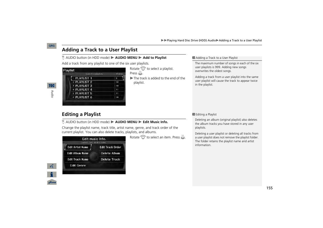 Adding a track to a user playlist, Editing a playlist, 2 adding a track to a user playlist | P. 155, 2 editing a playlist | Acura 2013 TSX Navigation User Manual | Page 156 / 252