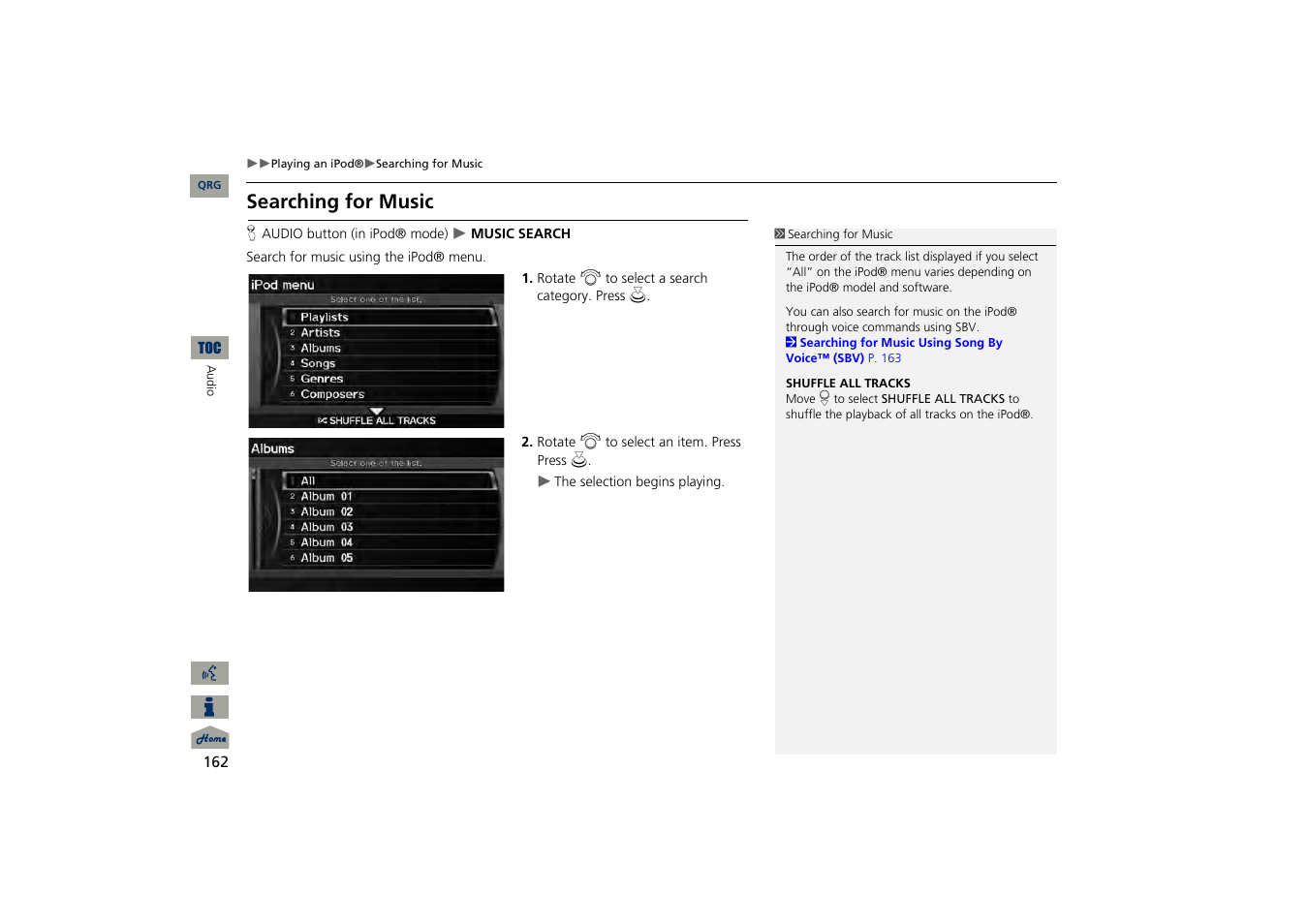 Searching for music, 2 searching for music, P. 162 | Acura 2013 TSX Navigation User Manual | Page 163 / 252