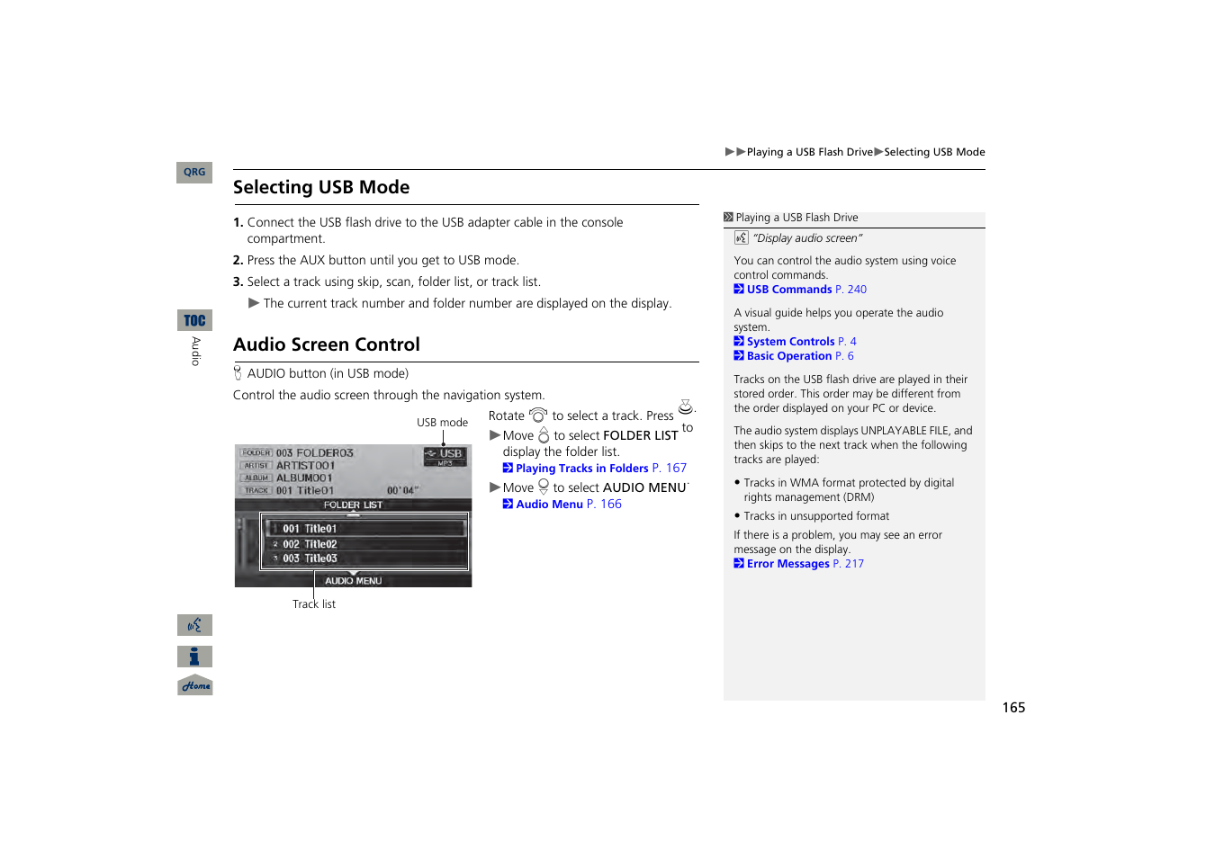 Selecting usb mode, Audio screen control | Acura 2013 TSX Navigation User Manual | Page 166 / 252