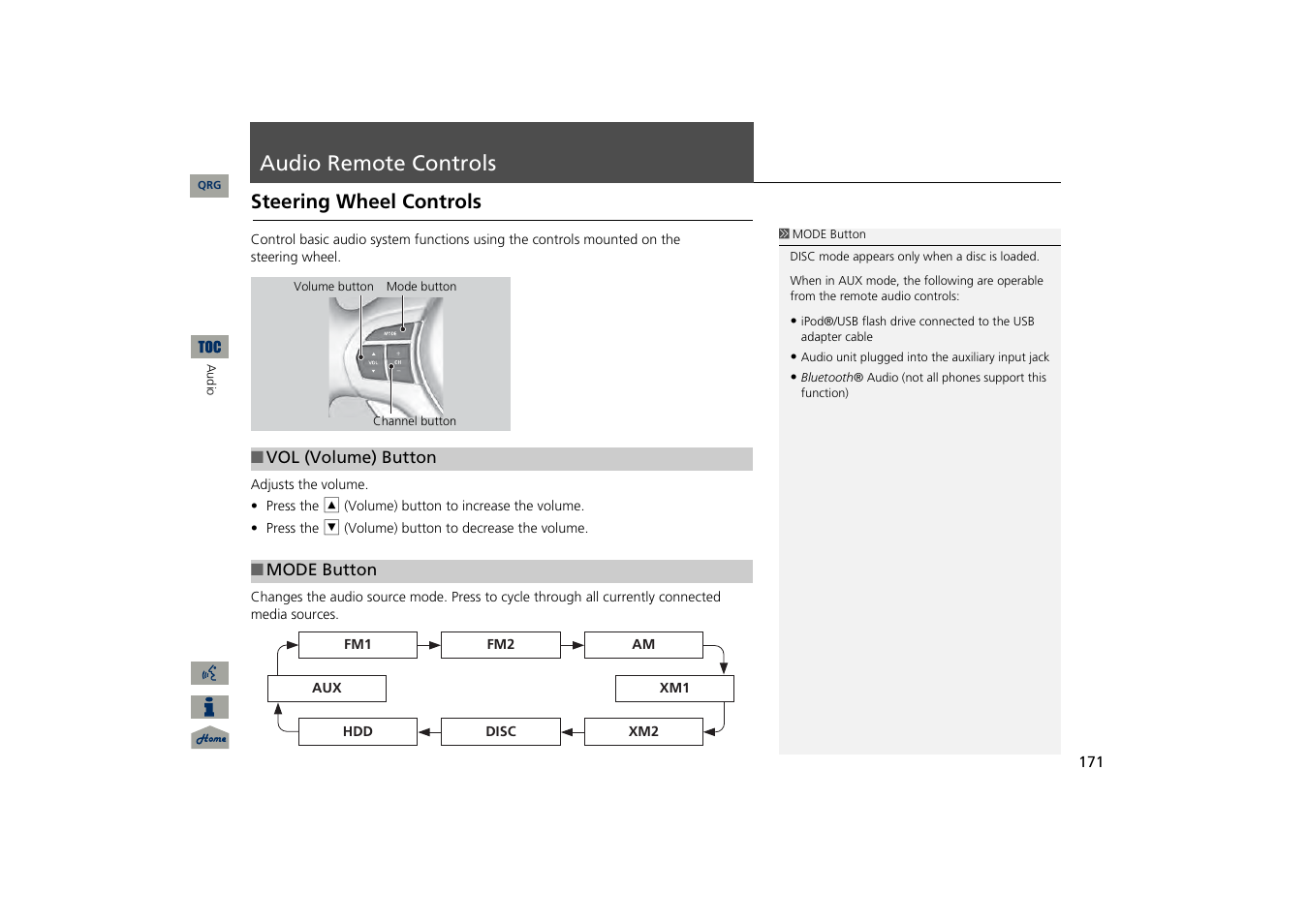 Audio remote controls, Steering wheel controls, P171) | Acura 2013 TSX Navigation User Manual | Page 172 / 252