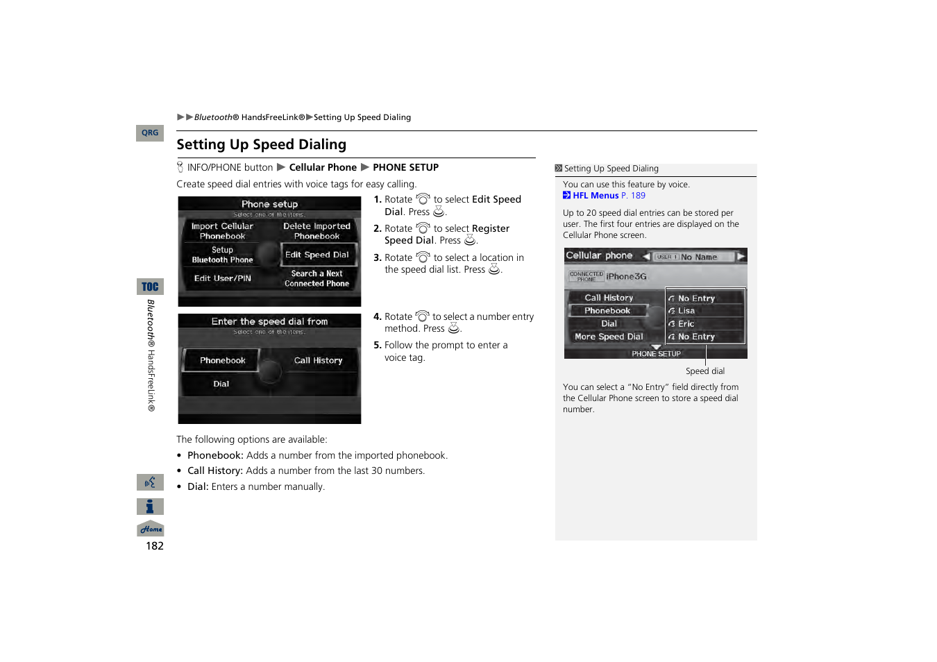 Setting up speed dialing, 2 setting up speed dialing, P. 182 | Acura 2013 TSX Navigation User Manual | Page 183 / 252