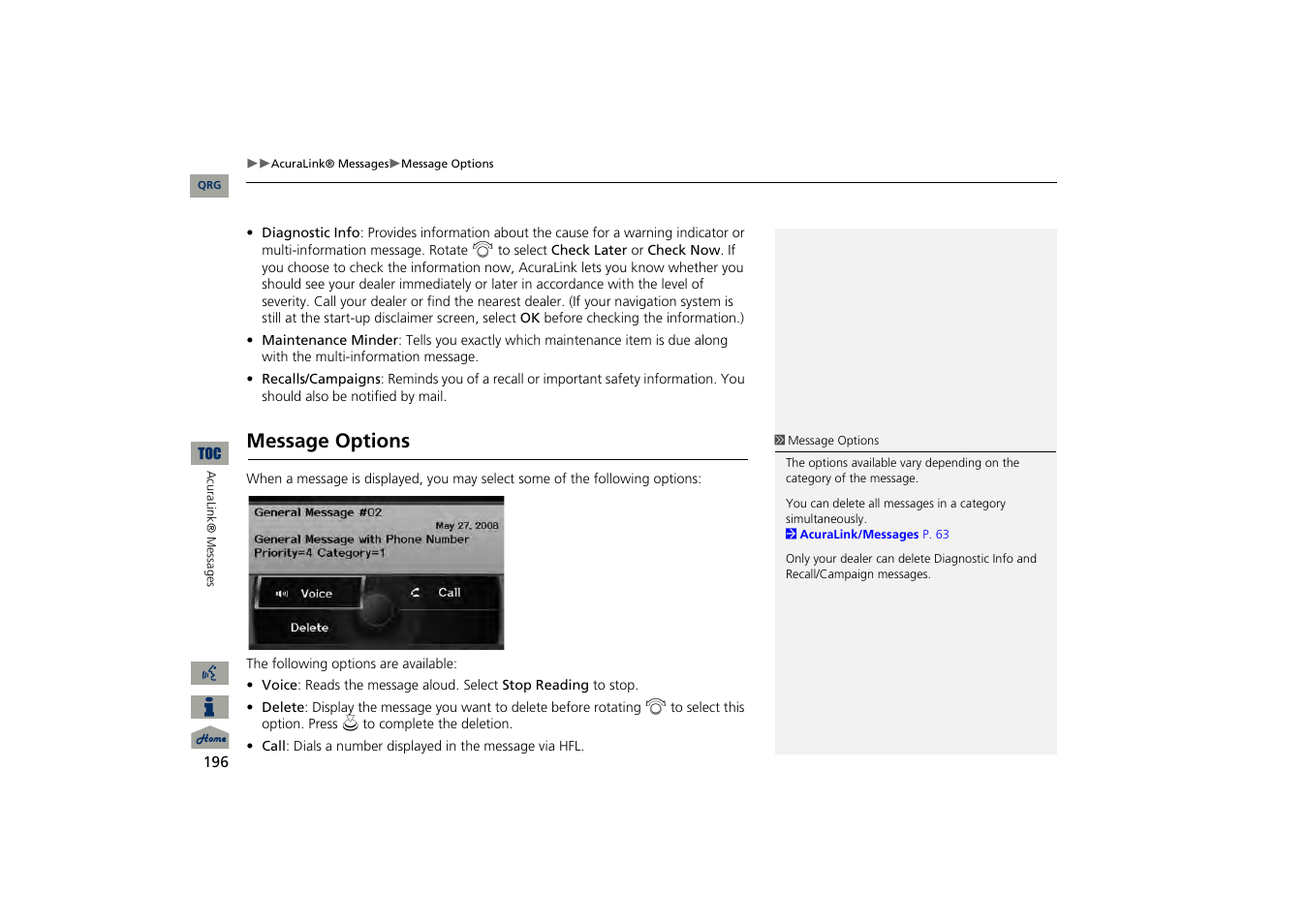 Message options | Acura 2013 TSX Navigation User Manual | Page 197 / 252