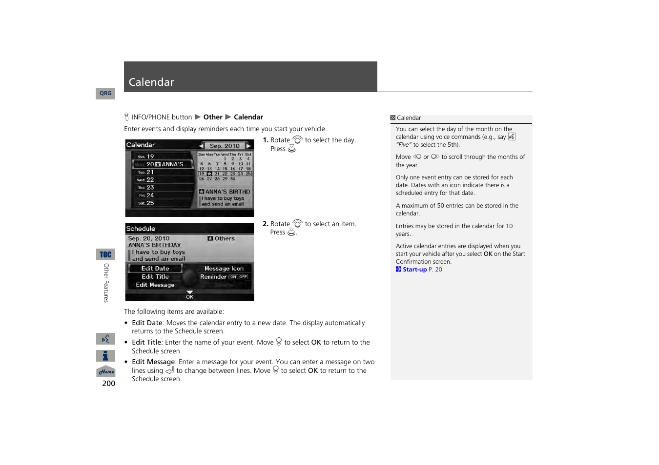 Calendar | Acura 2013 TSX Navigation User Manual | Page 201 / 252