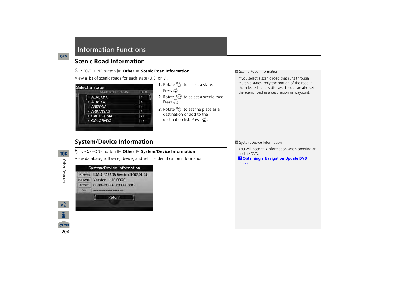 Information functions, Scenic road information, System/device information | Acura 2013 TSX Navigation User Manual | Page 205 / 252