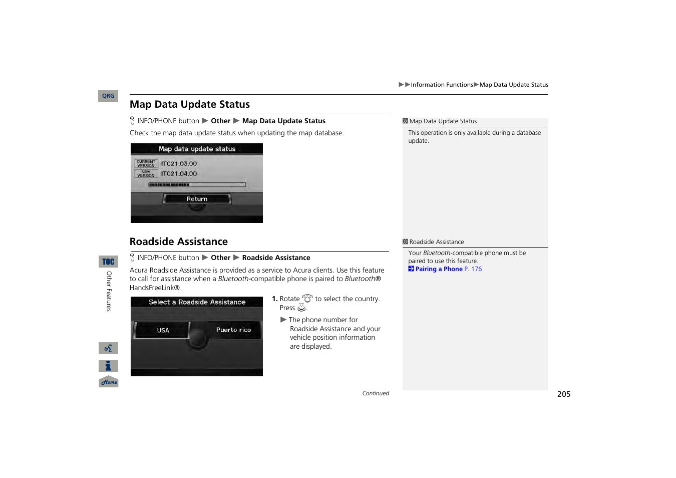 Map data update statis, Roadside assistance, Map data update status | Acura 2013 TSX Navigation User Manual | Page 206 / 252