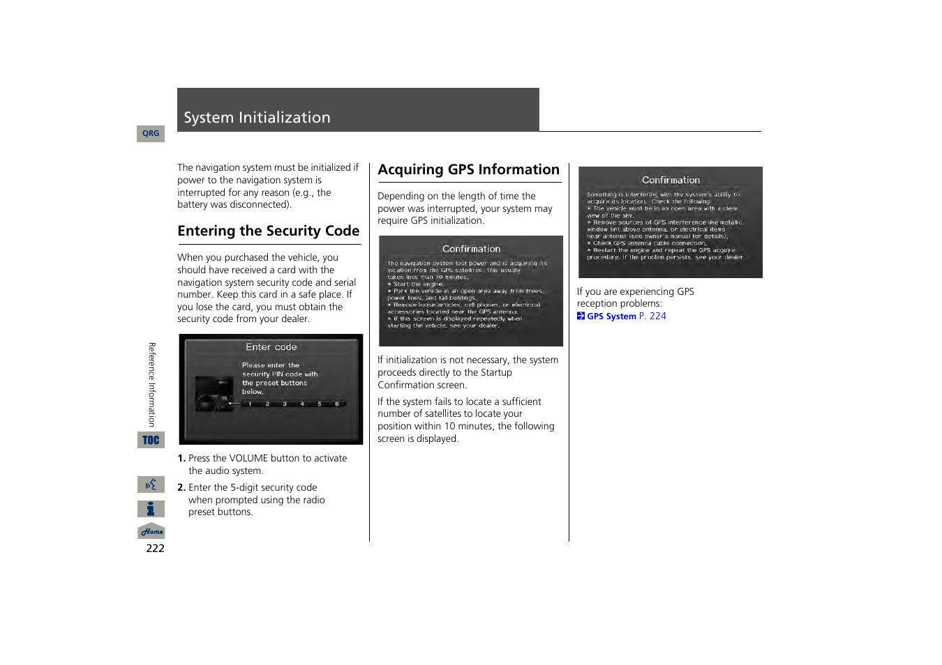 System initialization, Entering the security code, Acquiring gps information | Acura 2013 TSX Navigation User Manual | Page 223 / 252