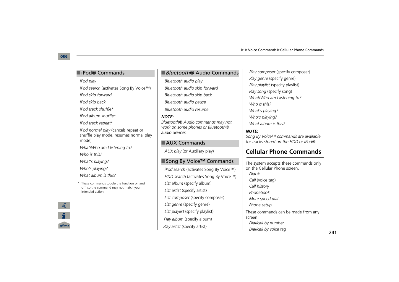 Cellular phone commands, 2 ipod® commands p. 241, 2 song by voice™ commands p. 241 | 2 bluetooth® audio commands p. 241 | Acura 2013 TSX Navigation User Manual | Page 242 / 252