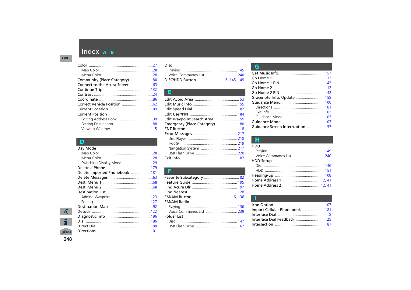 D - j, Index | Acura 2013 TSX Navigation User Manual | Page 249 / 252