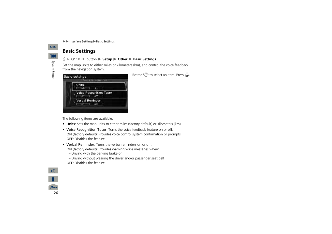 Basic settings, 2 basic settings, P. 26 | Acura 2013 TSX Navigation User Manual | Page 27 / 252