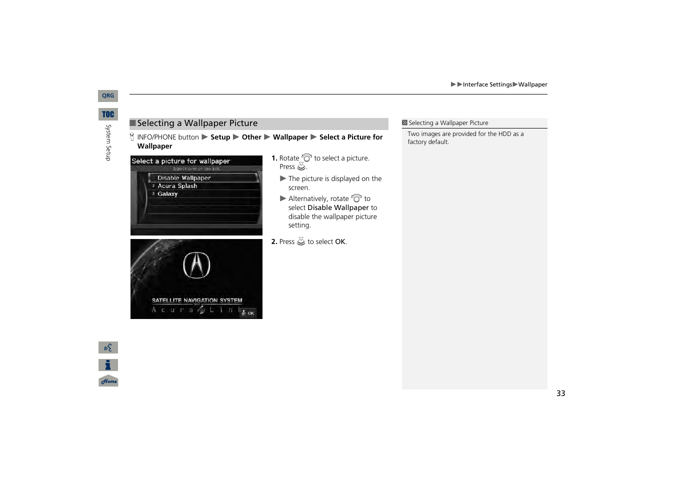 2 selecting a wallpaper picture, P. 33 | Acura 2013 TSX Navigation User Manual | Page 34 / 252