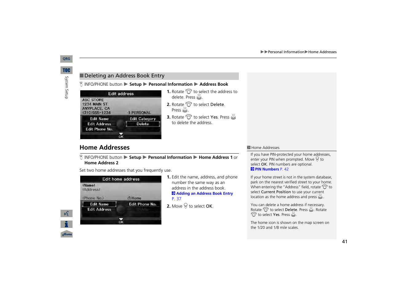 Home address, P41), 2 home addresses | P. 41, Home addresses | Acura 2013 TSX Navigation User Manual | Page 42 / 252