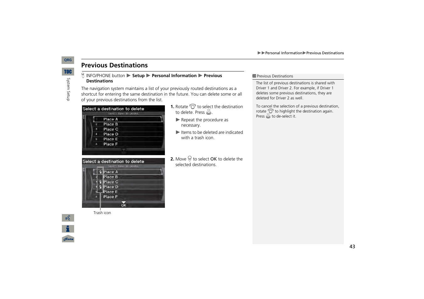 Previous destinations, 2 previous destinations, P. 43 | Acura 2013 TSX Navigation User Manual | Page 44 / 252