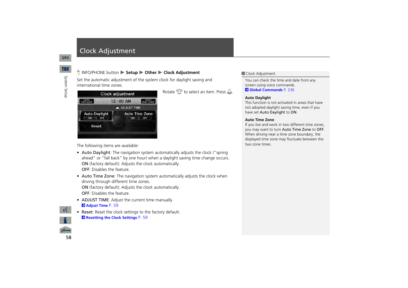 Clock adjustment | Acura 2013 TSX Navigation User Manual | Page 59 / 252