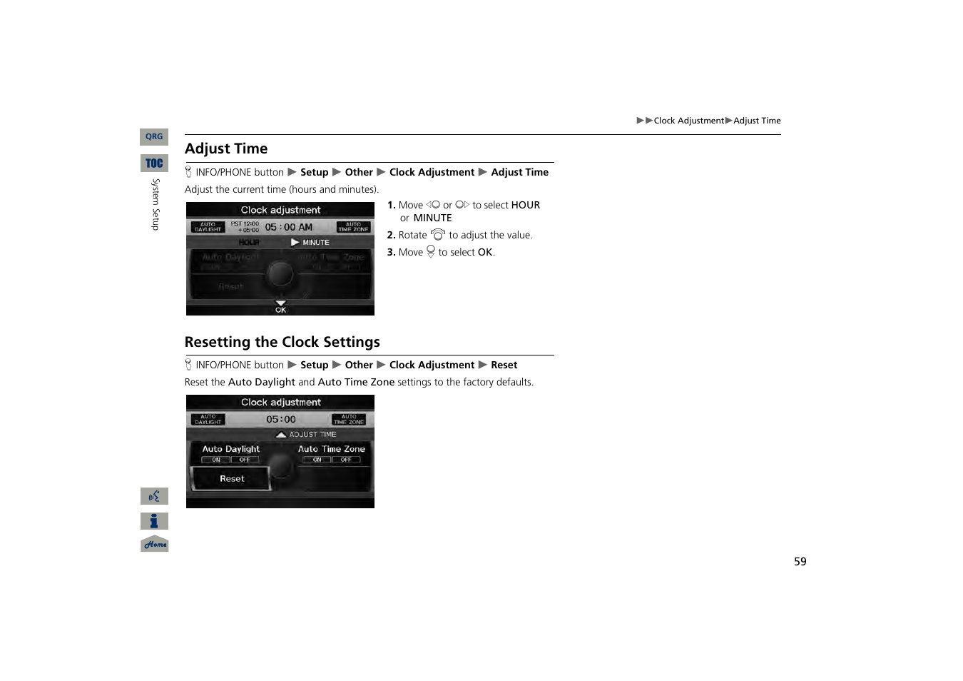 Adjust time, Resetting the clock settings, 2 adjust time | P. 59, 2 resetting the clock settings | Acura 2013 TSX Navigation User Manual | Page 60 / 252