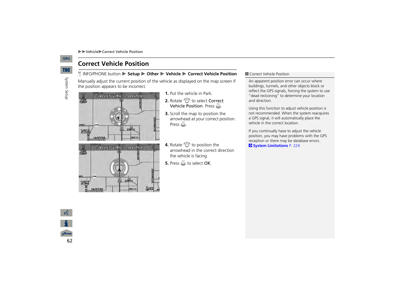 Correct vehicle position, 2 correct vehicle position, P. 62 | Acura 2013 TSX Navigation User Manual | Page 63 / 252