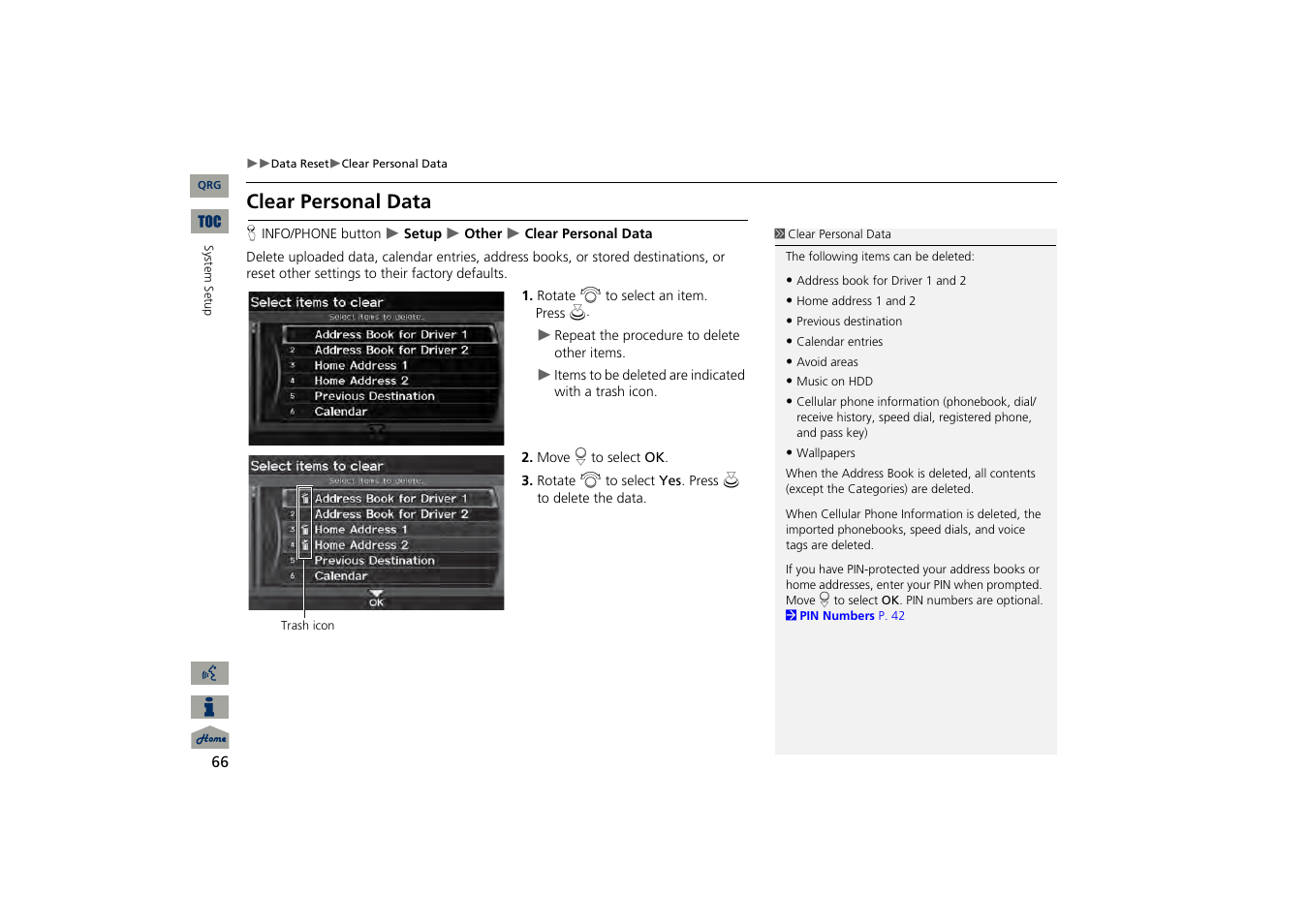 Clear all speed dial, Clear personal data | Acura 2013 TSX Navigation User Manual | Page 67 / 252