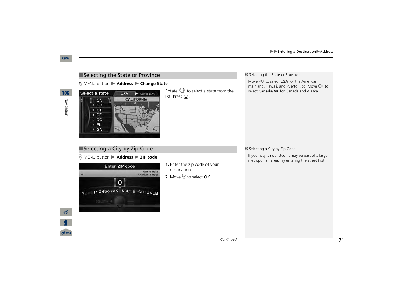 2 selecting the state or province, P. 71, 2 selecting a city by zip code | Acura 2013 TSX Navigation User Manual | Page 72 / 252