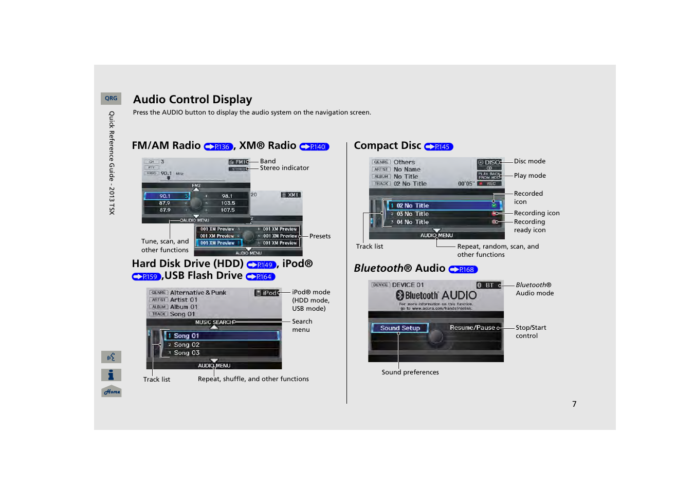 Audio control display, Fm/am ra dio, Xm® radio | Hard disk drive (hdd), Ipod, Usb flash drive, Compact disc, Bluetooth ® audio | Acura 2013 TSX Navigation User Manual | Page 8 / 252