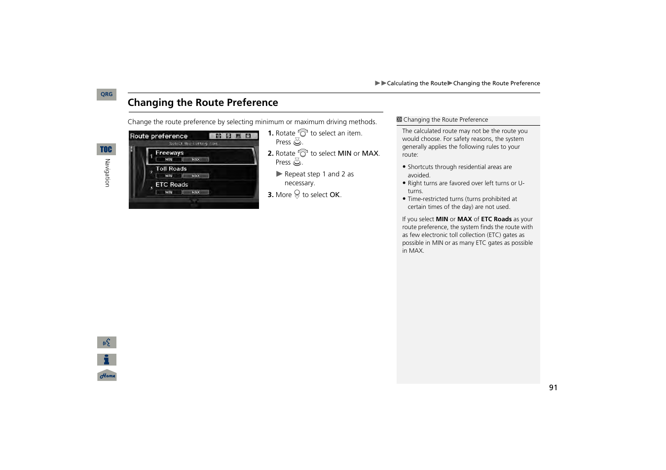 Changing the route preference, 2 changing the route preference, P. 91 | Acura 2013 TSX Navigation User Manual | Page 92 / 252