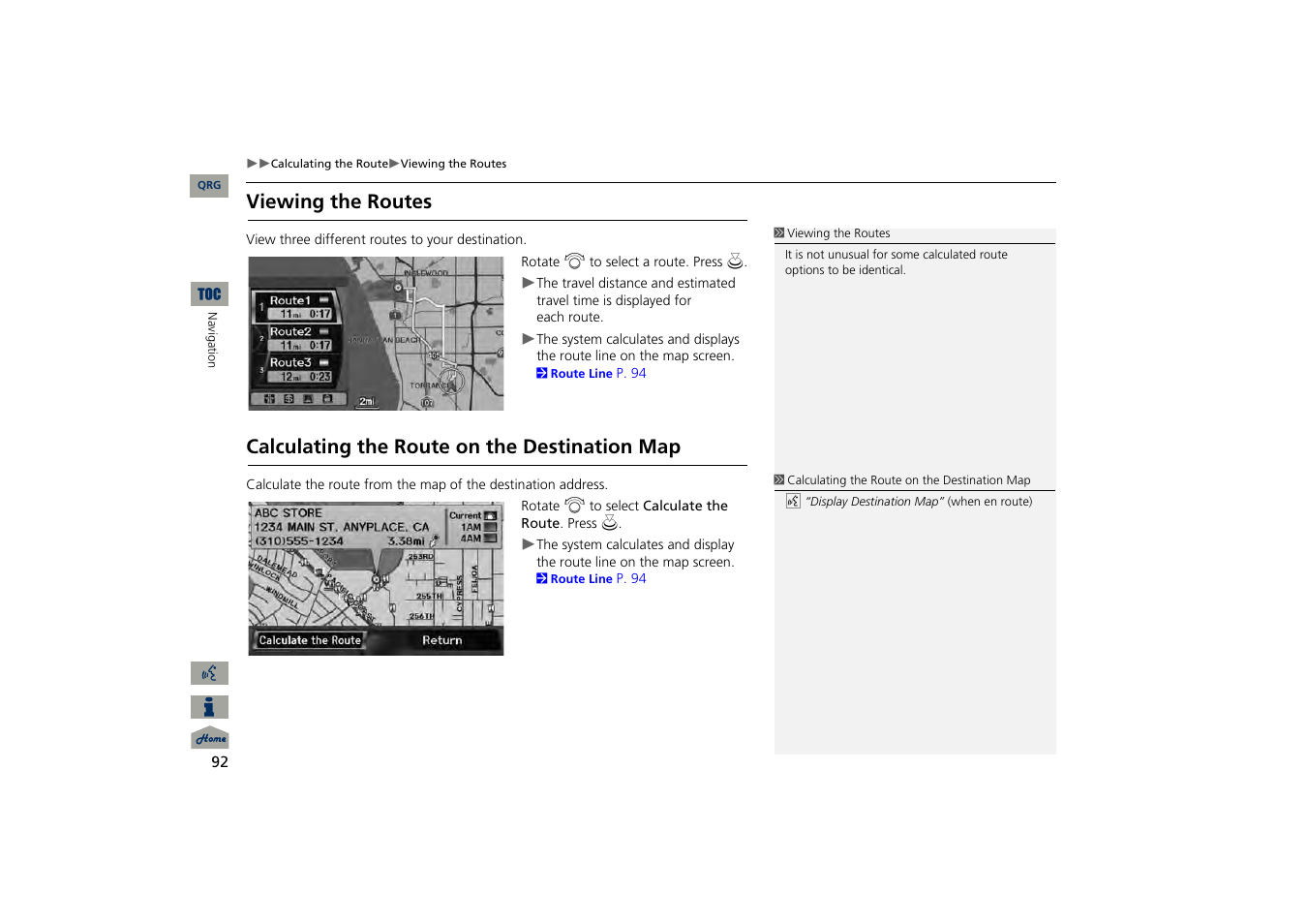 Viewing the routes, Calculating the route on the destination map, P92) | 2 viewing the routes, P. 92 | Acura 2013 TSX Navigation User Manual | Page 93 / 252