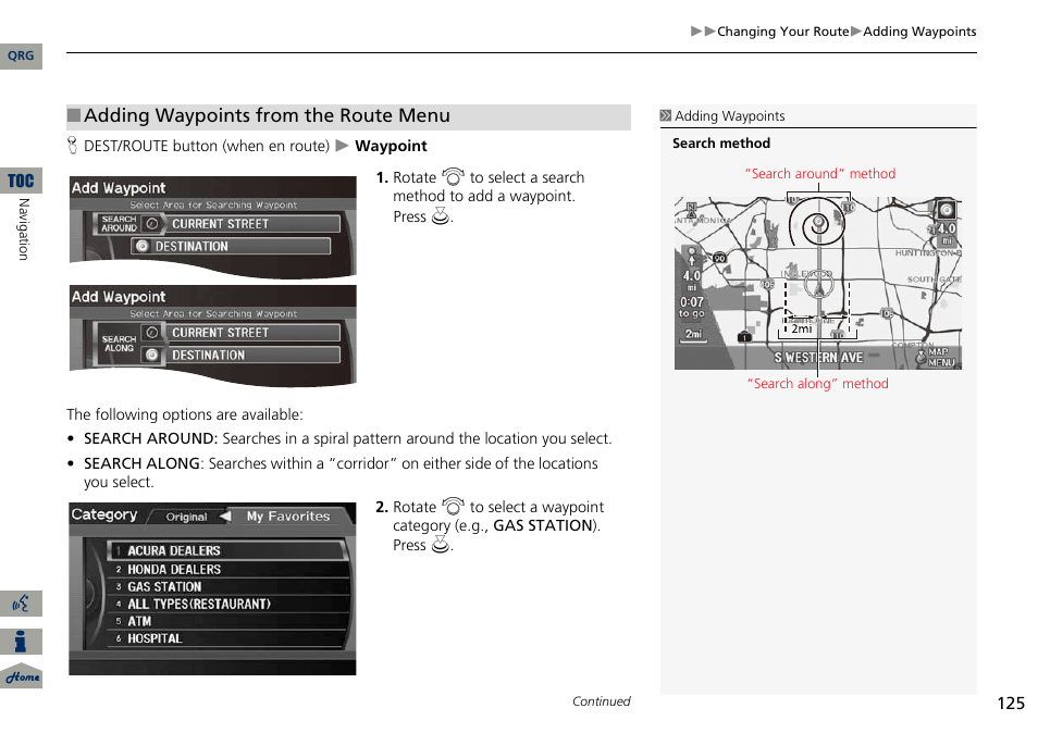 2 adding waypoints from the route menu, P. 125, Adding waypoints from the route menu | Acura 2014 ILX Navigation User Manual | Page 126 / 260
