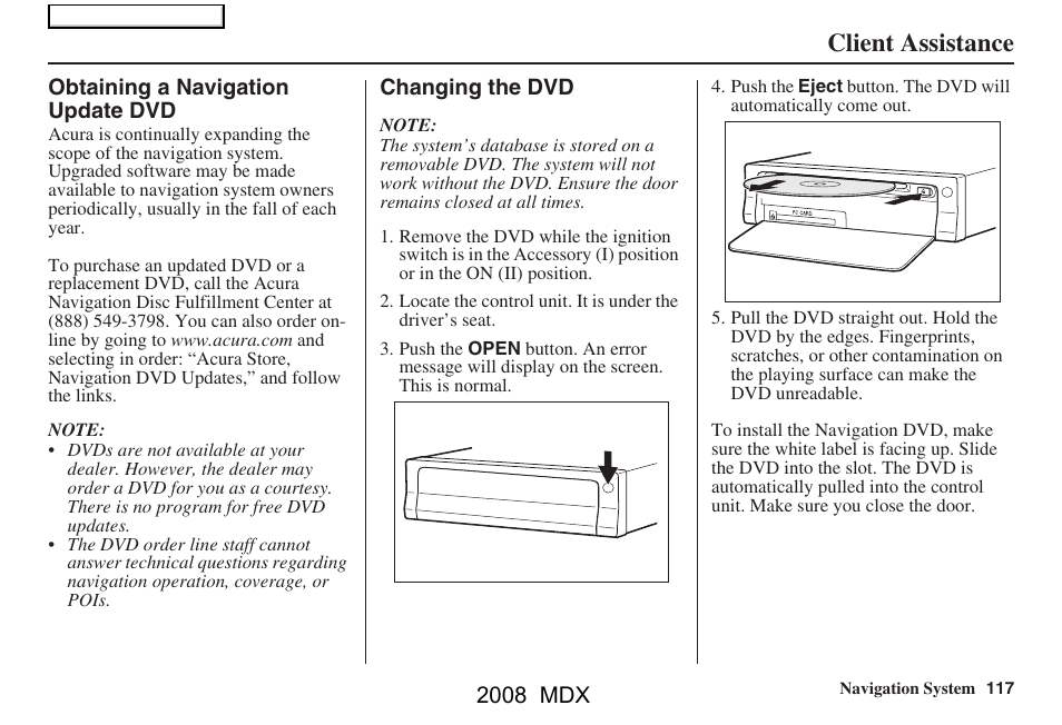 Client assistance, 2008 mdx | Acura 2008 MDX Navigation User Manual | Page 117 / 171
