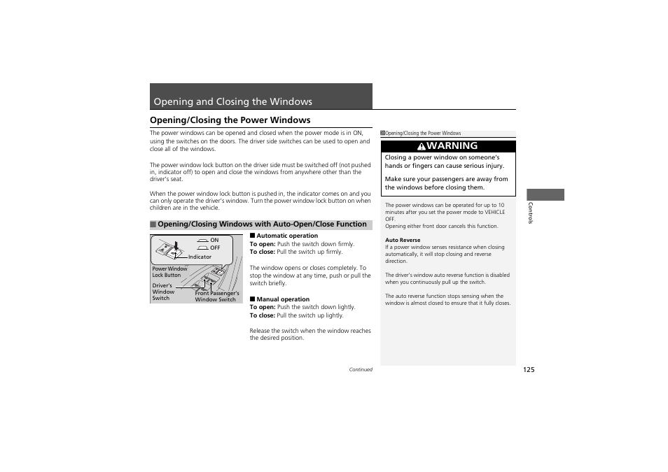 Opening and closing the windows, Warning, Opening/closing the power windows | Acura 2013 ZDX User Manual | Page 127 / 324