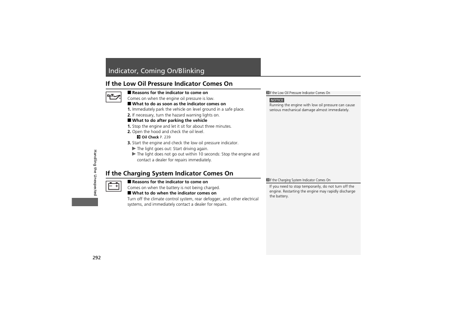 Indicator, coming on/blinking, If the low oil pressure indicator comes on, If the charging system indicator comes on | Acura 2013 ZDX User Manual | Page 294 / 324