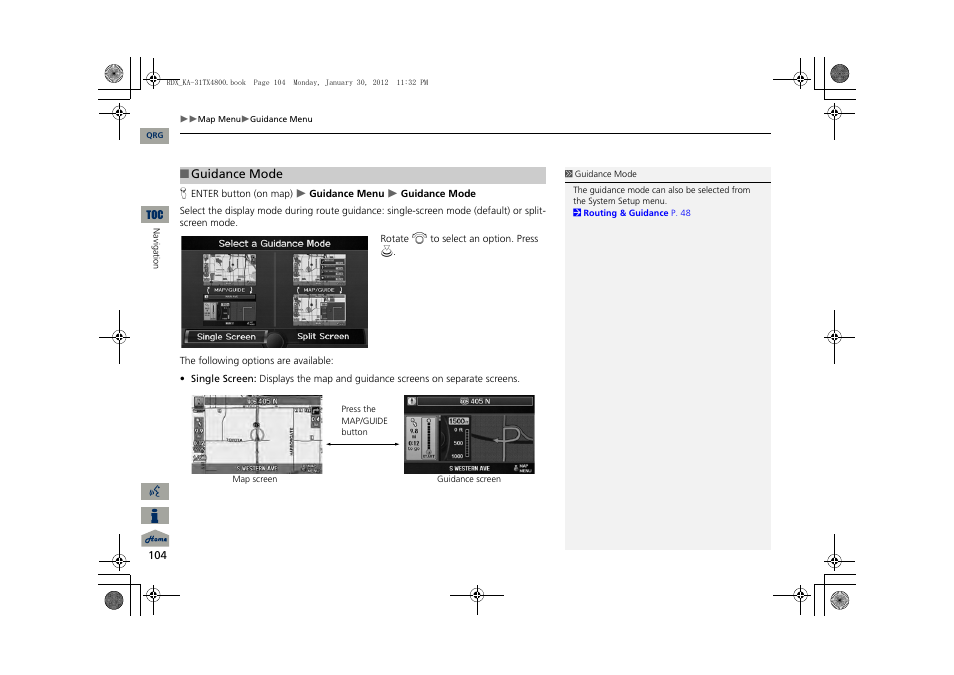 P104), 2 guidance mode, P. 104 | 2 guidance mode p. 104 | Acura 2013 RDX Navigation User Manual | Page 105 / 260