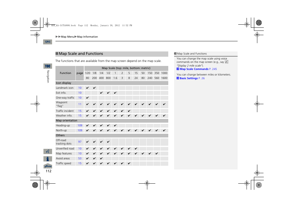 P112), 2 map scale and functions p. 112 | Acura 2013 RDX Navigation User Manual | Page 113 / 260