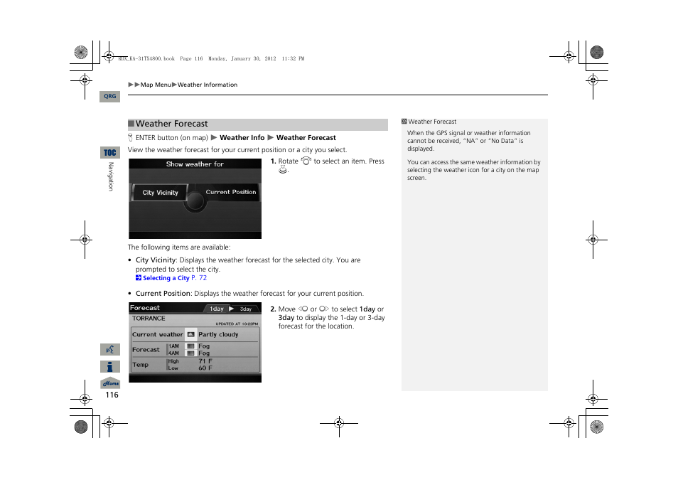 2 weather forecast, P. 116 | Acura 2013 RDX Navigation User Manual | Page 117 / 260