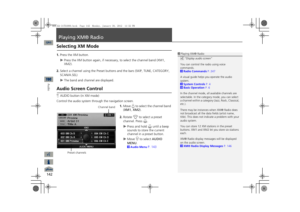 P142), Playing xm® radio, Selecting xm mode | Audio screen control | Acura 2013 RDX Navigation User Manual | Page 143 / 260