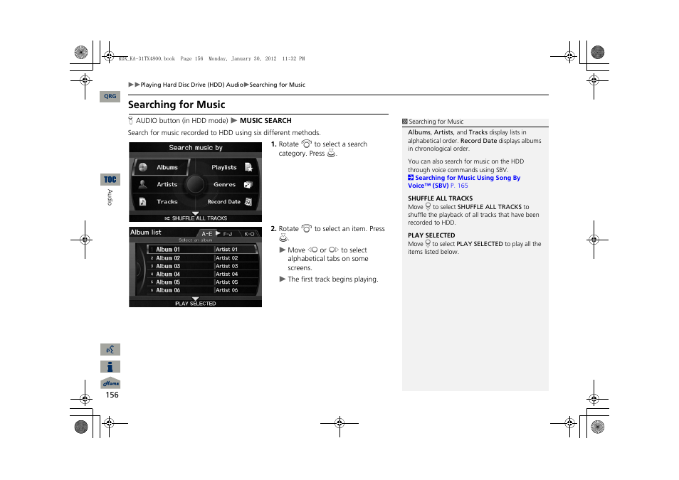 2 searching for music, P. 156, Searching for music | Acura 2013 RDX Navigation User Manual | Page 157 / 260