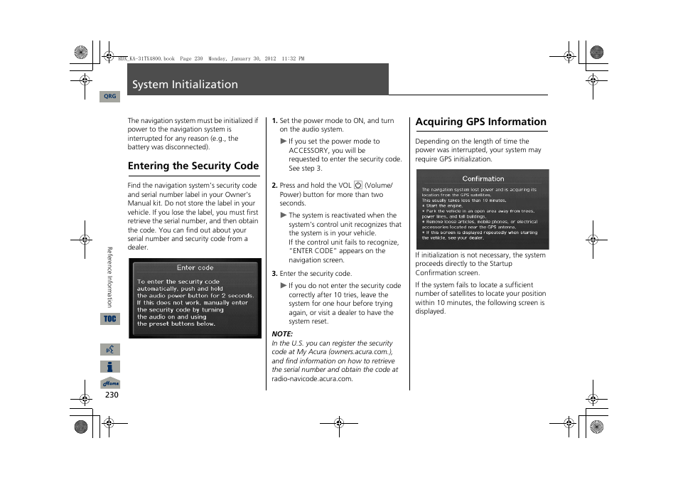 Ialization, 2 system initialization p. 230, System initialization | Entering the security code, Acquiring gps information | Acura 2013 RDX Navigation User Manual | Page 231 / 260