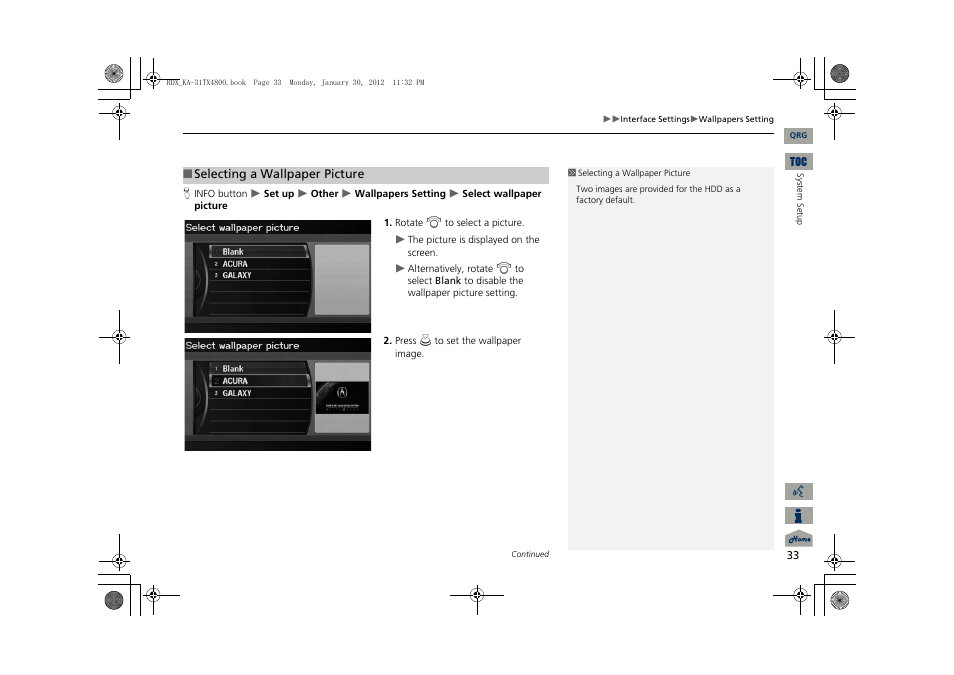 2 selecting a wallpaper picture, P. 33 | Acura 2013 RDX Navigation User Manual | Page 34 / 260