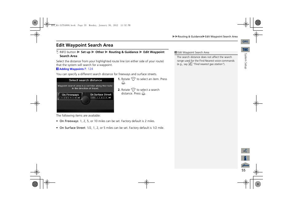 2 edit waypoint search area, P. 55, Edit waypoint search area | Acura 2013 RDX Navigation User Manual | Page 56 / 260